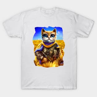 Ukrainian cat warrior in a field of sunflowers T-Shirt